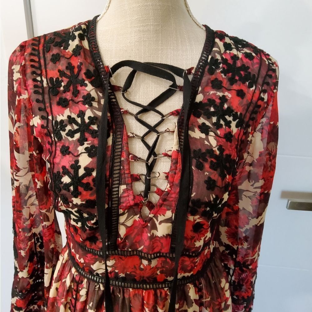 TopShop Boho Floral Print Embroidered Midi Dress Size 4 - Picture 3 of 14